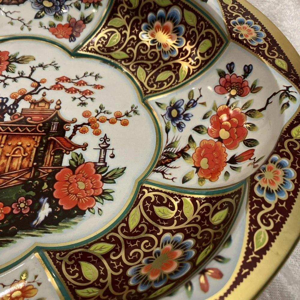 Daher Decorated Ware Tin Bowl Large Oval 13” Gold Floral Scenic 1971 England VTG